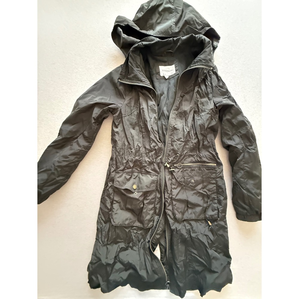 BCBGeneration Womens Black Hooded Windbreaker Longline Jacket Parka Small